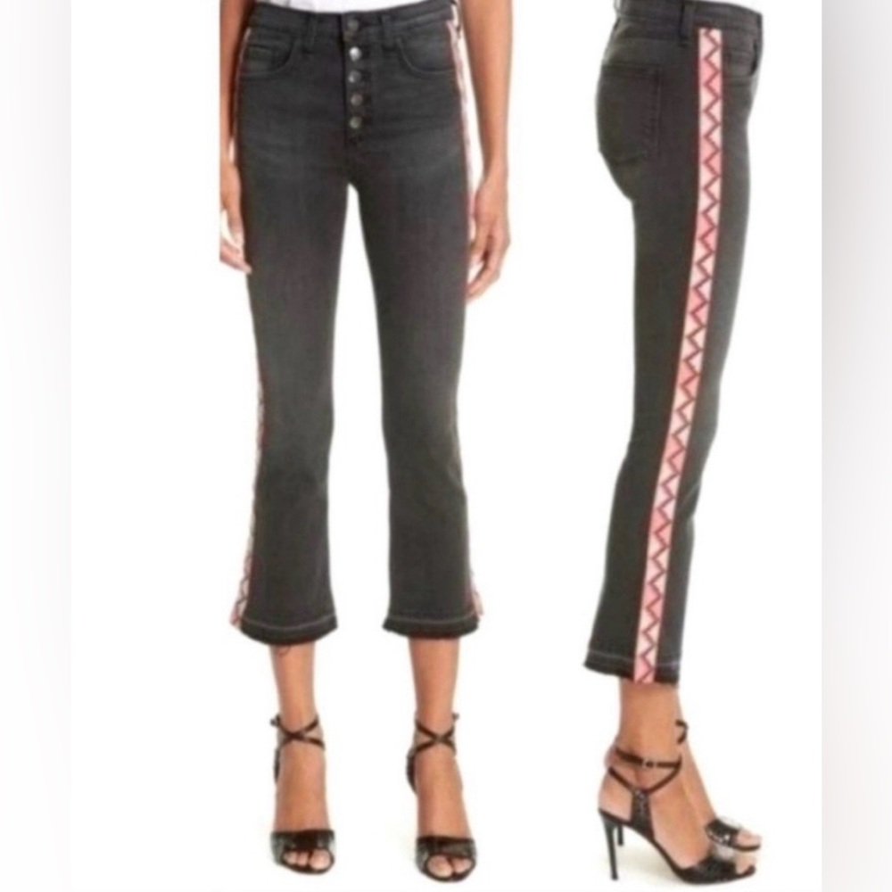 Veronica Beard Baby Boot Cut Jean “Carolyn" Smoke/Pink Aztec Tux Stripe Fray Hem